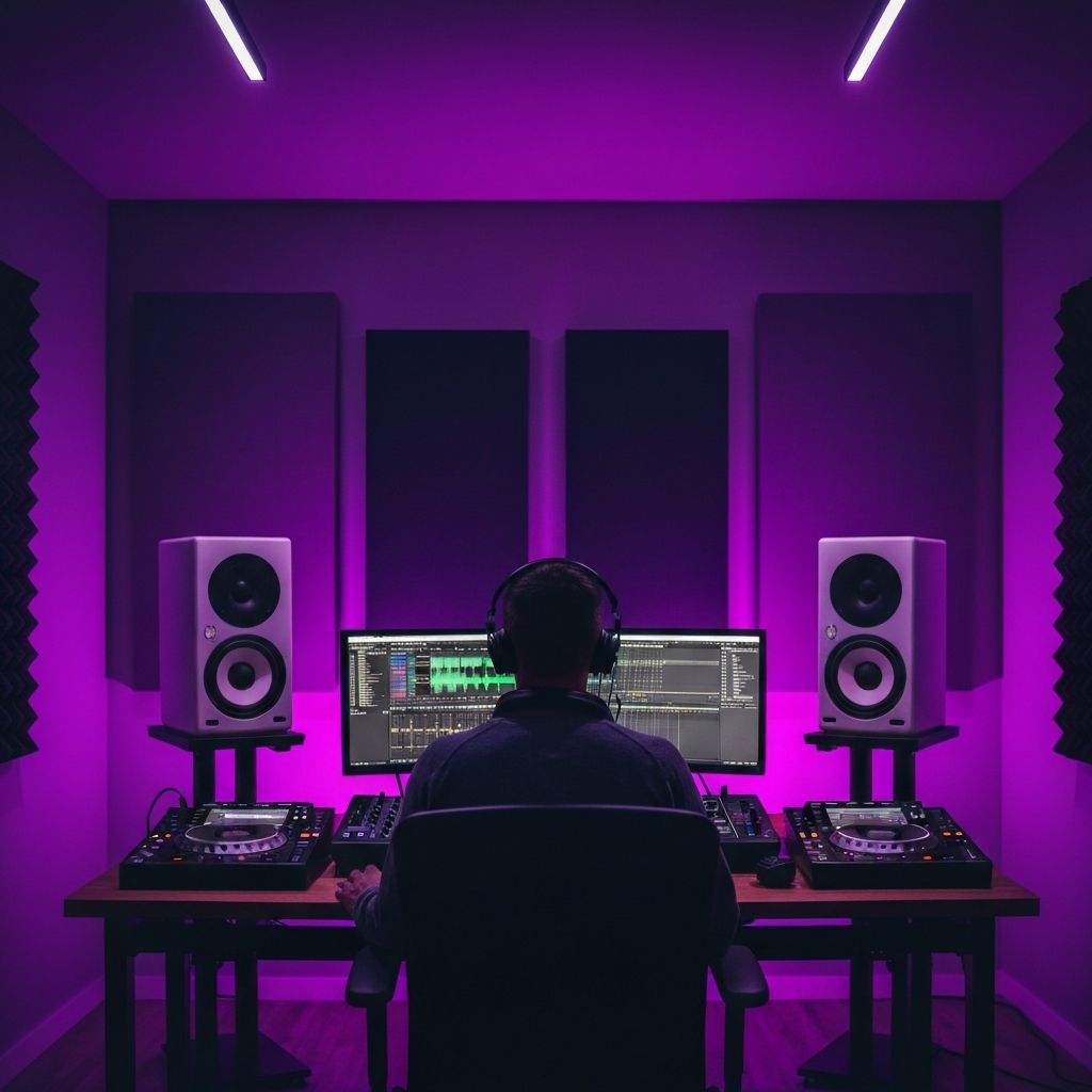 Music producer in modern studio with purple and pink LED lighting